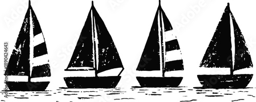 set of four black and white sailboat silhouettes with textured distressed on water