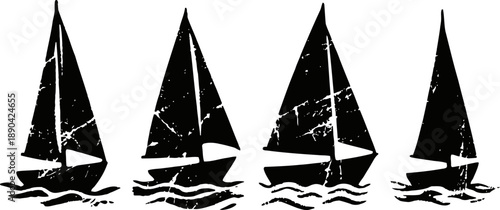 Four black sailboats silhouettes with textured sails sailing on wavy water