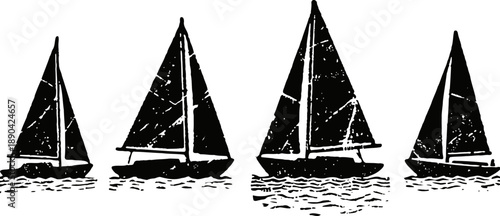 sailboats silhouettes on water with sails up and reflected waves, nautical marine sailing theme