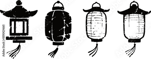 traditional asian lanterns silhouettes in rustic with tassels hanging detail
