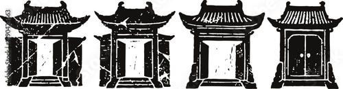 Four traditional asian temple gates silhouettes in vintage grunge style, cultural architectural symbols