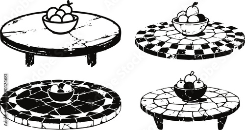round mosaic tables with fruit bowls four decorative circular tables with different tile patterns and bowl of fruit on top