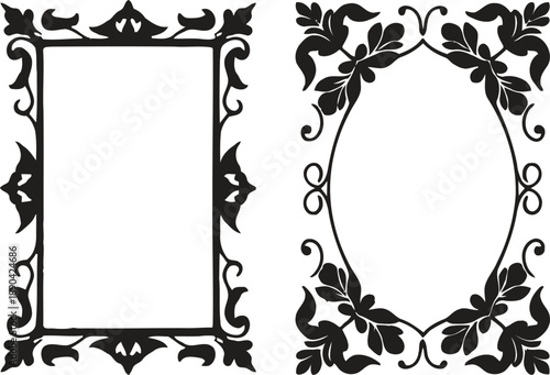 Two decorative black floral frames design ornate rectangular and oval borders with leaves and curls vintage embellishments for invitations or labels