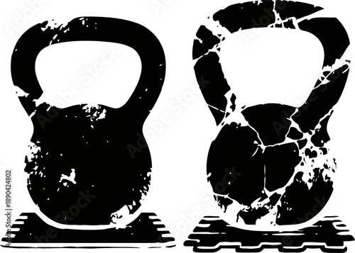 Two distressed kettlebell silhouettes on textured floor mats gym workout fitness equipment illustration