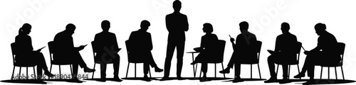 Business meeting people silhouette, team discussion and presentation vector illustration, corporate group collaboration isolated on white background design