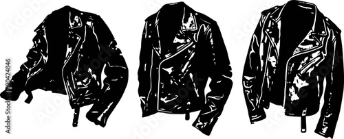 Three black leather jackets arranged with different sleeve positions on a white background
