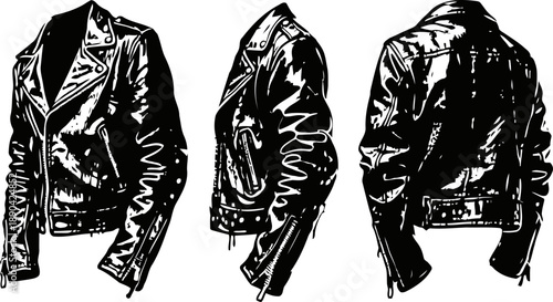 Black leather biker jacket illustration showing front, side, and back views with detailed folds and zippers