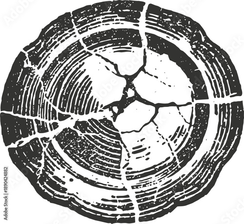 Aged cracked tree trunk cross section with visible growth rings and rugged texture detail