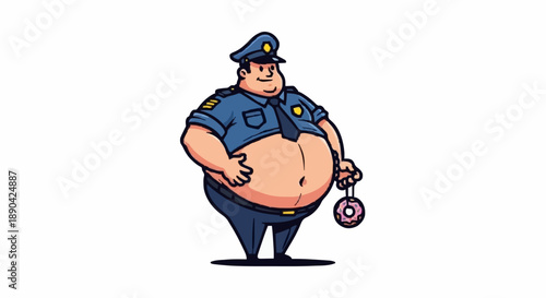 Cartoon Fat Police Officer Holding Doughnut.
