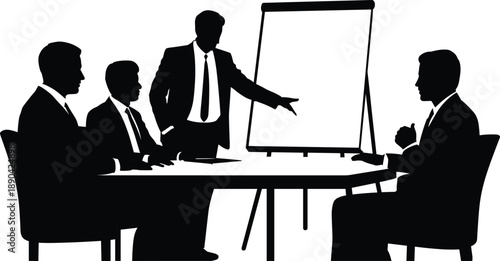 Business meeting silhouettes with presenter at board, corporate team discussion scene, office strategy planning and leadership presentation concept isolated on white