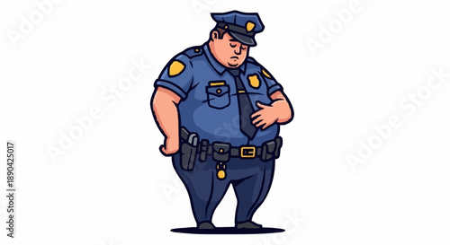 Cartoon Overweight Police Officer Standing Uniformed.