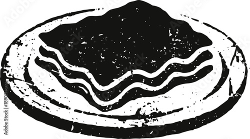 Slice of lasagna on round plate, black and white grunge illustration of italian pasta dish