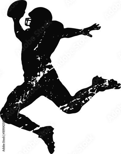 Silhouette of american football player jumping with ball in hand, action and athleticism