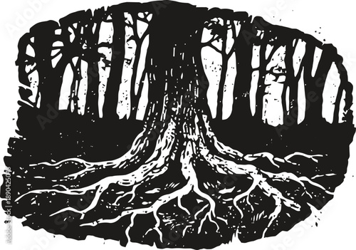 Large tree with extensive roots spreading underground in black and white forest silhouette