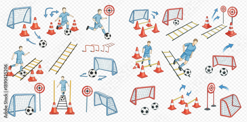 Set of soccer training elements with players, goals, cones, and agility ladders for football practice.