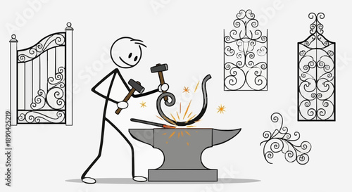 Blacksmith working on metal gate design with tools and anvil.