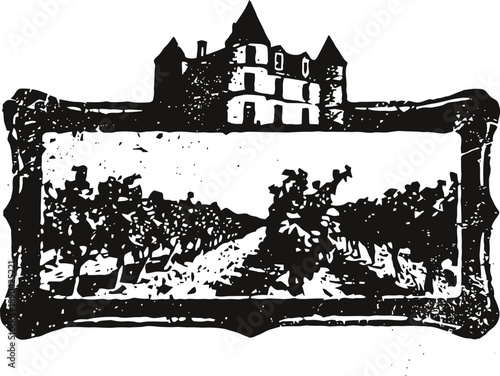 Vintage vineyard landscape with chateau and grapevines in rustic frame design