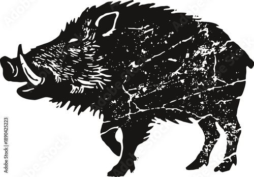Wild boar silhouette with distressed texture, aggressive fierce animal illustration