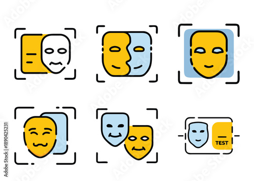 Icon set depicting facial recognition or mood analysis with various emotional expressions