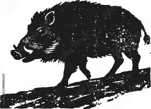 Wild boar walking on log silhouette illustration of strong razor back pig in nature