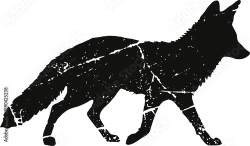 Silhouette of a walking fox with textured and weathered effect on white background