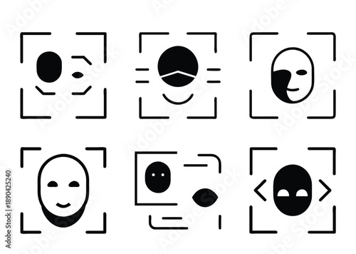 Set of Abstract Face Identification Icons in Black and White Style