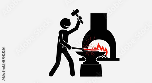 Blacksmith working with hammer and anvil at forge.