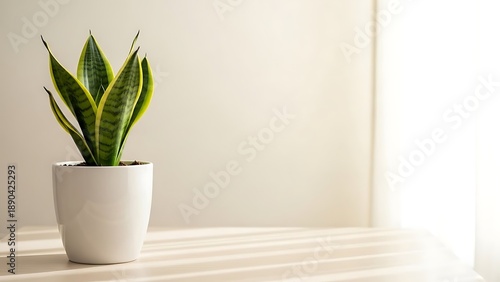 Snake plant in white pot on table with natural light from window indoors