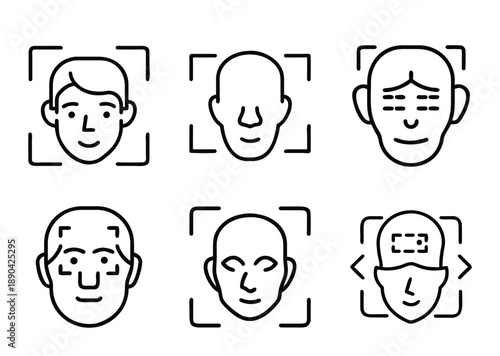 Various face recognition icons depicting people with face detection technology