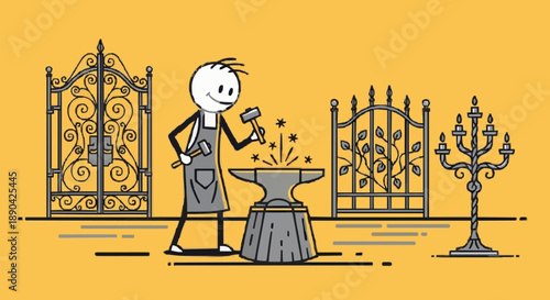 Blacksmith Working on Metal Gate Designs with Anvil and Hammer.