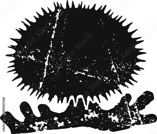 Abstract black sun with irregular rays and textured horizontal bar on white background