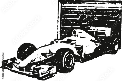 Formula one racing car illustration in black and white with aerodynamic design and rear wing