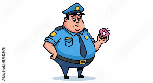 Cartoon Fat Police Officer Holding a Donut.