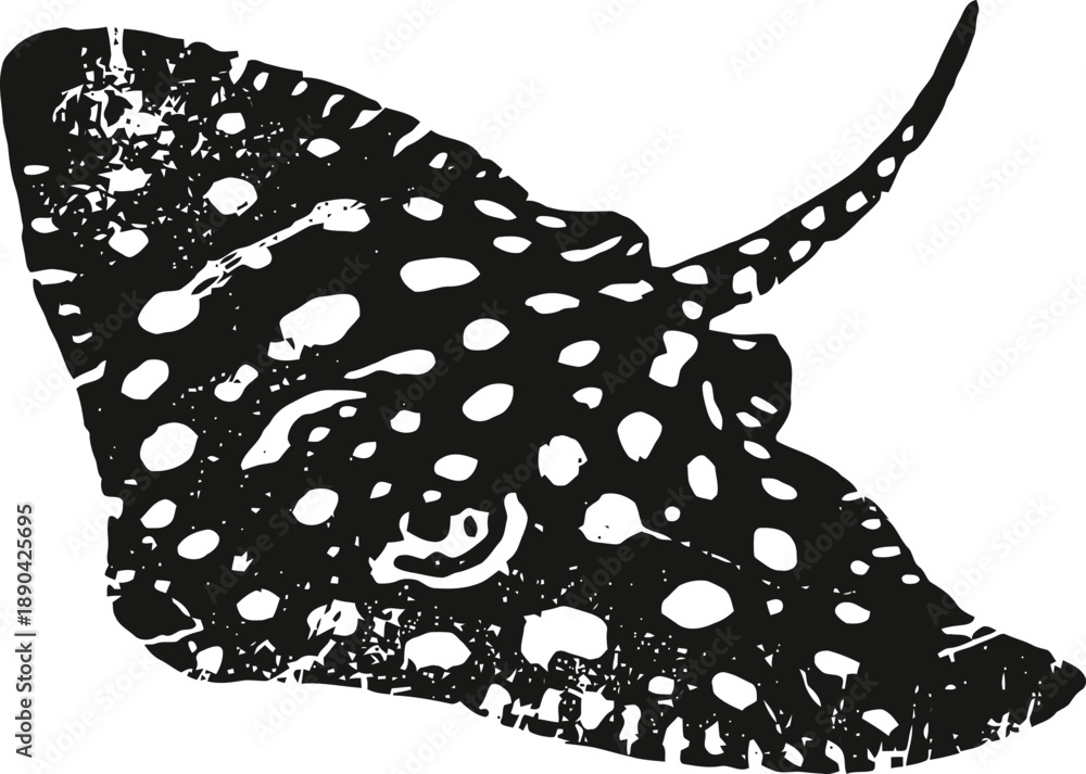 Fototapeta premium Black spotted eagle ray silhouette with textured distress effect on a white background