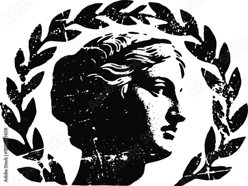 Classical female portrait in profile with laurel wreath, vintage antiquity art design