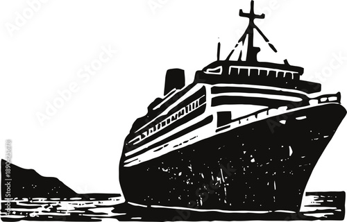 Large cruise ship sailing on calm water with distant island in the background