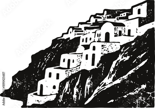 Terraced houses built on rocky hillside with stairways and arched doorways silhouette design