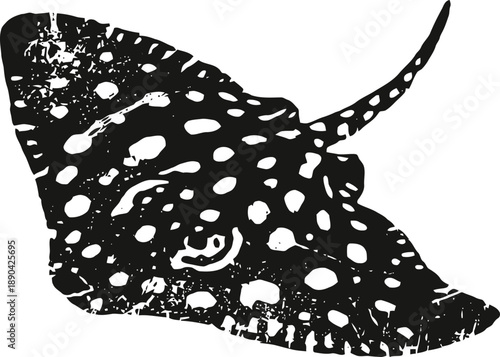 Black spotted eagle ray silhouette with textured distress effect on a white background