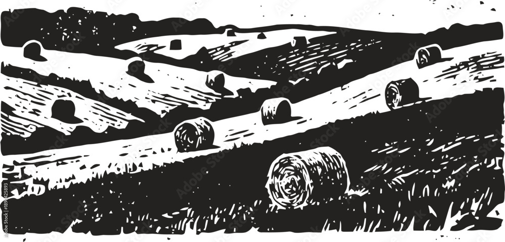 Obraz premium Rolling hay bales scattered across a rural farmland landscape with hills and fields