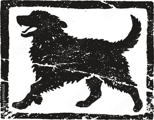 Black silhouette of a dog walking, textured vintage animal illustration in rectangular frame