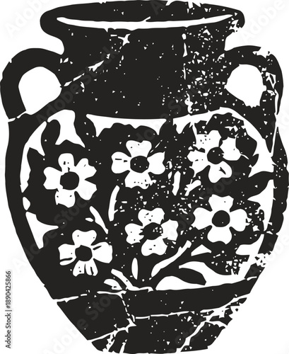 Antique floral vase design with handles and vintage distressed texture