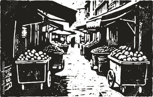 Street market scene with carts full of fruits and vendor stalls under awnings