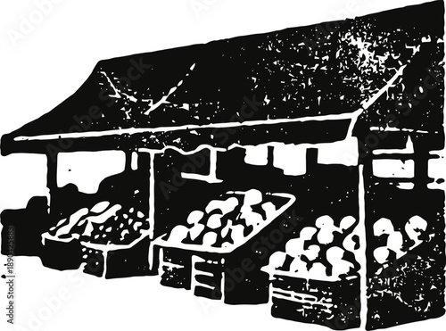 Vintage fruit market stand with wooden crates and a slanted roof for outdoor selling