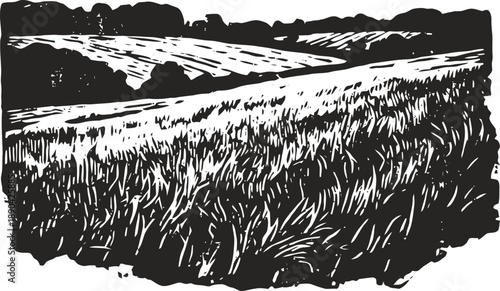 Wheat field landscape with rolling hills and agricultural scenery in monochrome silhouette