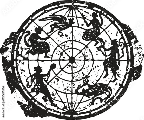Ancient zodiac wheel with classical mythology symbols and star constellations illustration