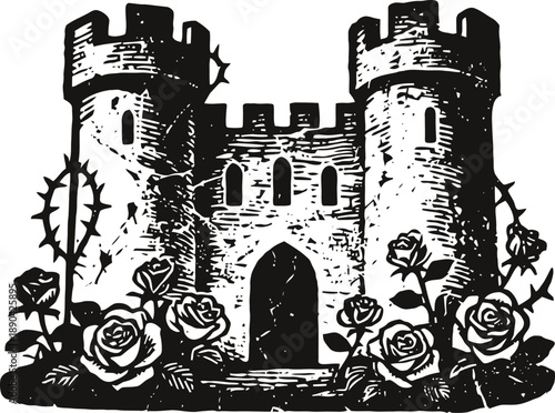 Medieval castle with turrets surrounded by blooming roses and thorny vines black and white illustration
