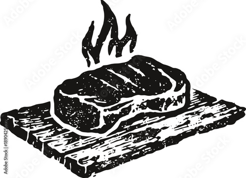 Grilled steak on wooden plank with flame, rustic barbecue meat cooking illustration