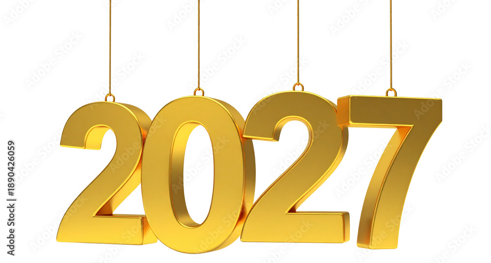 Naklejka premium New Year 2027 Celebration with 3D Gold Hanging Numbers Transparent Background