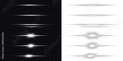 White glowing horizontal lines with soft sparkles and lens flare effects. Sparkling linear effects for modern designs. Set of white horizontal lines, beam light effect. On a transparent background.