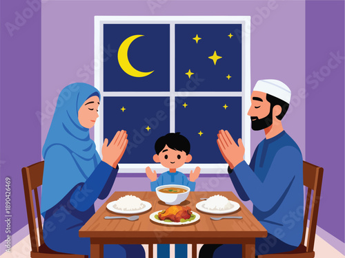 A Muslim family, including a father, mother, and child, praying together at a dining table before eating their meal at night.